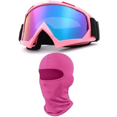 immoono Pink Motorcycle Goggles with Balaclava Face Mask for Women Girls Safety Glasses for Dirt Bike Motocross Riding Skiing Pink Frame Colorful Blue Lenses
