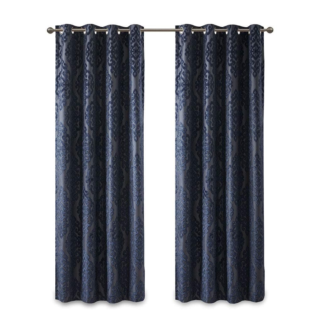 Sun Smart Mirage 100 Total Blackout Single Window Curtain Knitted Jacquard Damask Room Darkening Curtain Panel with Grommet Top 50 x 108 in Navy