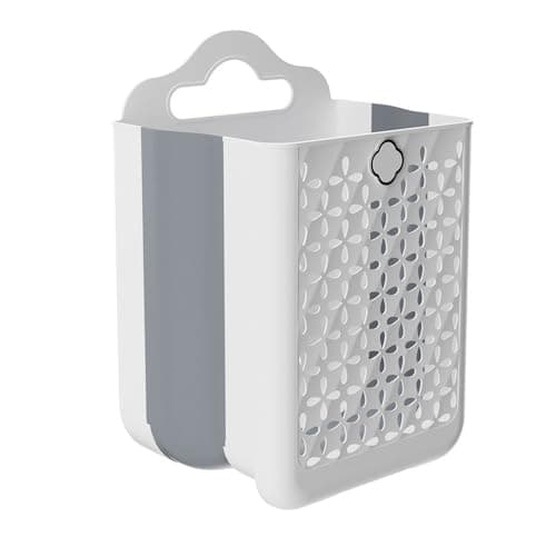 Collapsible Laundry Hamper, Household Foldable Dirty Wall Hanging Multi-Functional Hollow Storage Basket Large Capacity Storage Bucket, Plastic Collapsible Hanging Laundry Basket with Carry Handle
