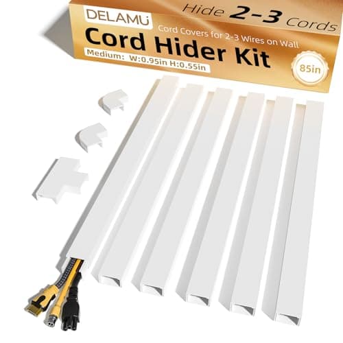 Delamu Cord Hider, 85in Cord Covers for 2-3 Wires on Wall, Self-Adhesive Cable Hider, Paintable Wire Hiders Wire Covers for TV Cords on Wall, Easy Mount Cable Cover Raceway Kit, W0.95 H0.55in, White