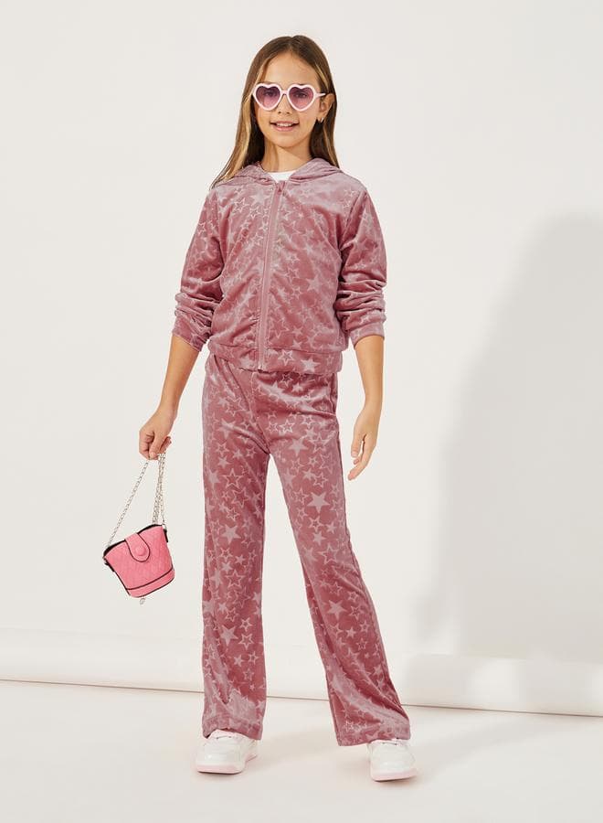Star Pattern Zipper Front Velvet Hoodie & Flare Hem Pant Set
