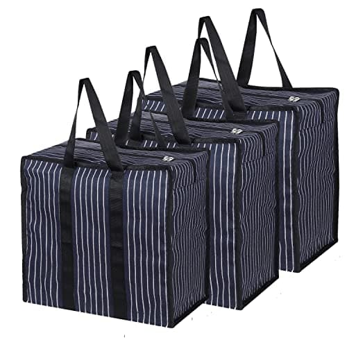 SHIBUI Multipurpose Extra Large Big Heavy Duty Storage Organizer Reusable Canvas Shopper Bag With Strong Handles And Base With Covers Zip (Pack Of 3, Navy), Blue