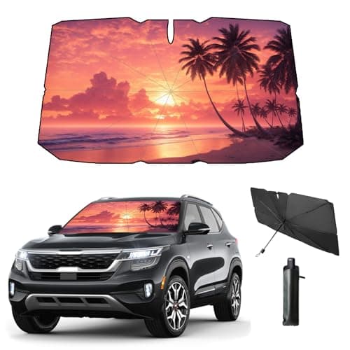 Coricha Windshield Sun Shade Beach Sunset Palm Tree Pink Car Shades for Front Windows 100% Blackout Umbrella Sunshades Car Accessories for Women 57"*31" (Sunset)