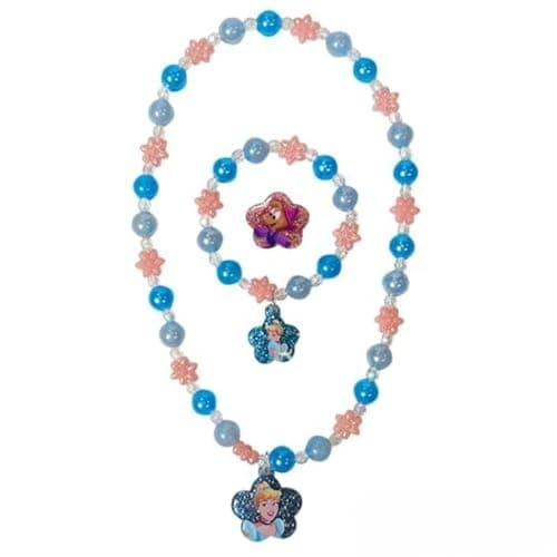 LUV HER Disney Princesses Cinderella Girls Jewelry Set Dress up 3 Piece Toy Jewelry Box Set with Bead Necklace Bracelet and Ring Play Accessories Ages 3