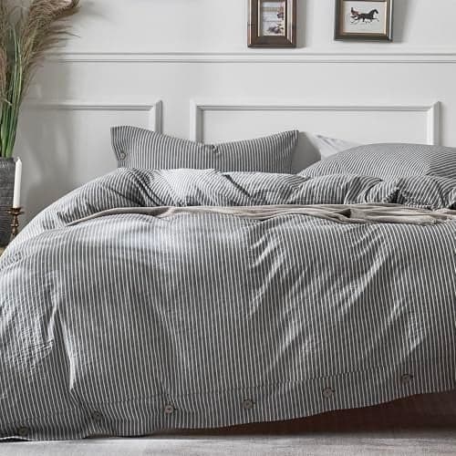 JELLYMONI Cotton Duvet Cover Full Size - Black Vertical Pinstriped Comforter Cover with Button 100% Washed Cotton 3PCS Breathable Soft Solid Bedding Set Duvet Cover 80×90in & 2 Pillowcases