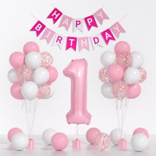 First Birthday Decorations for Girl Pink Balloon Set With White Confetti 40inch 1 Balloon and Happy Birthday Banner for Baby Princess