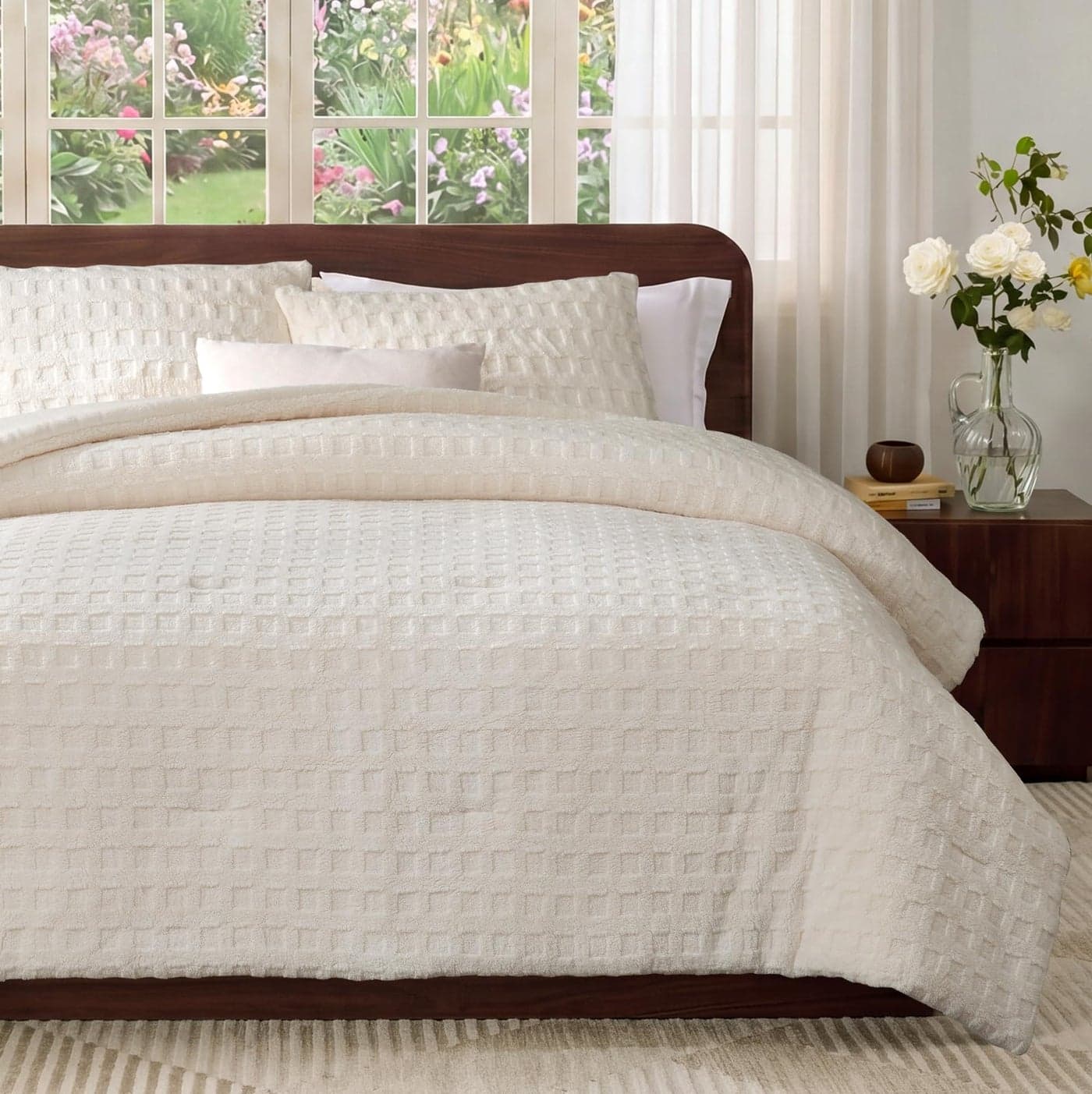 Amélie Home Waffle Comforter Queen Set, Beige Fluffy Fleece Bed Set, Super Warm Fluffy Plush Bedding Set for Winter, 3 Pieces,1 Cozy Comforter and 2 Pillowcases