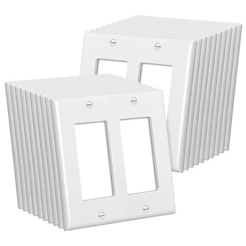 CML 2-Gang Decorator Wall Plates, 20 Pack Electrical Outlet Receptacle Covers, Double Switch Plates, Standard Size 4.5”x4.57”, Impact Resistant, UL Listed, White