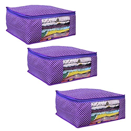 MBW Saree Covers with zip, Clothes Organiser for Wardrobe, Saree Organizer for Wardrobe, Clothes Storage Bag, Saree Bags Storage, Saree Cover, Cotton Saree Covers for Storage (Purple - Pack of 3)