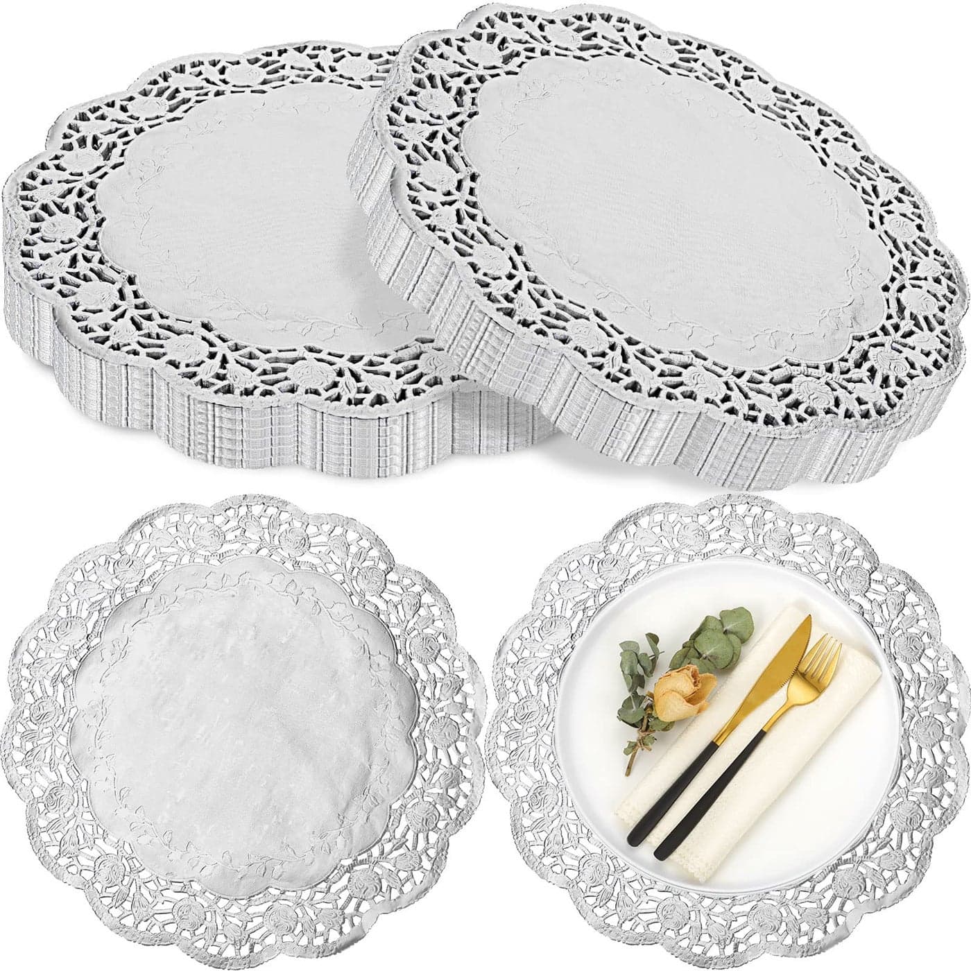 Yexiya 200 Pcs Doilies Lace Paper Doilies 14 Inches Disposable Foil Lace Placemats Large Round Paper Pad Placemats for Cakes Crafts Wedding Birthday Party DecorationSilver