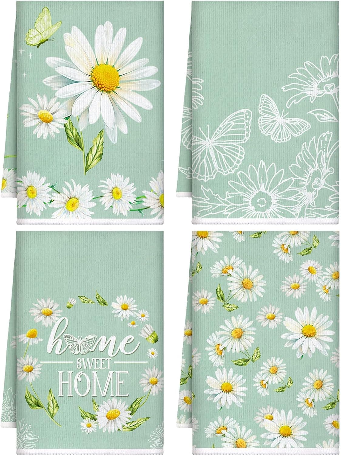 Honoson 4 Pieces Daisy Kitchen Dish Towels Farmhouse Flower Hand Tea Absorbent Green and White Towels for Kitchen Cooking Home Cleaning Decor