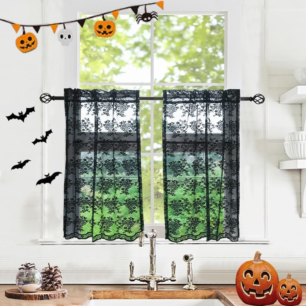 YJ YANJUN Black Lace Gothic Cafe Tier Curtains 36 x 36 Inch 2 Panels for Kitchen Bathroom Halloween Decor