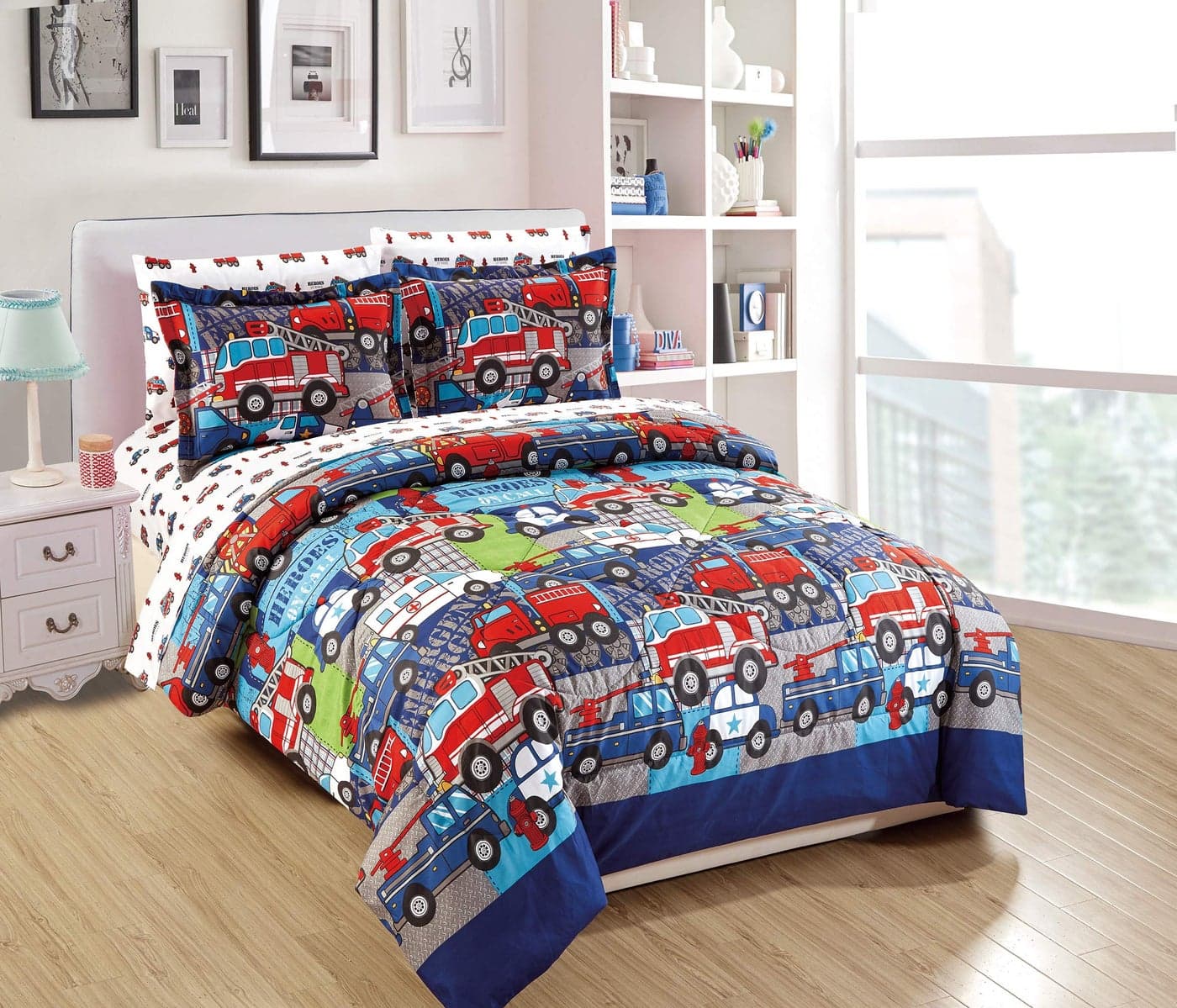 Comforter Set for Kids Heroes Fire Fighter Fire Trucks Police Car Ambulance Paramedic Navy Blue Red White Light Blue Grey Green New (Queen)