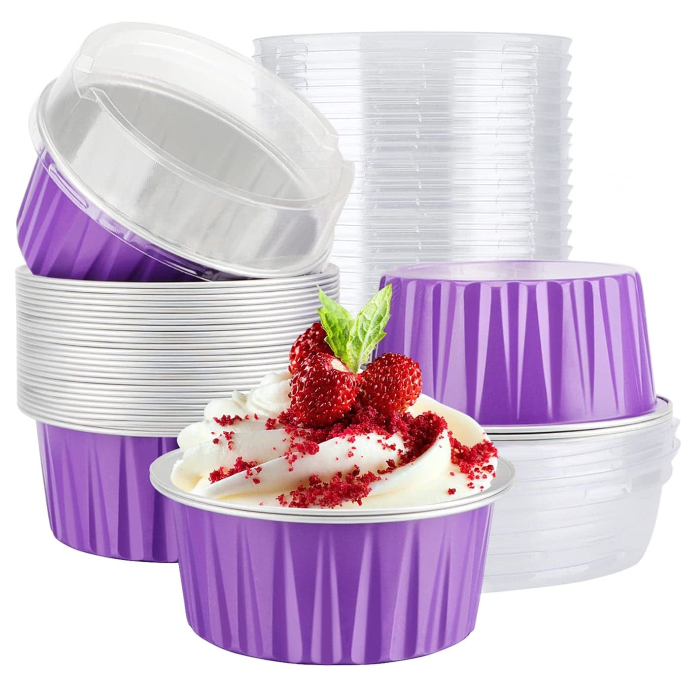EUSOAR Mini Cake Pan 30pcs 5oz Disposable Aluminum Foil Cupcake Liners Ramekins Baking Cups Dessert Cups with Lids Mini Aluminum Cheesecake Pan Creme Brulee RamekinsLavender