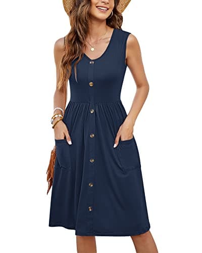 MOLERANI Women Summer Dresses Sleeveless Casual Loose Swing Button Down Midi Dress with Pockets(Navy Blue,XL)