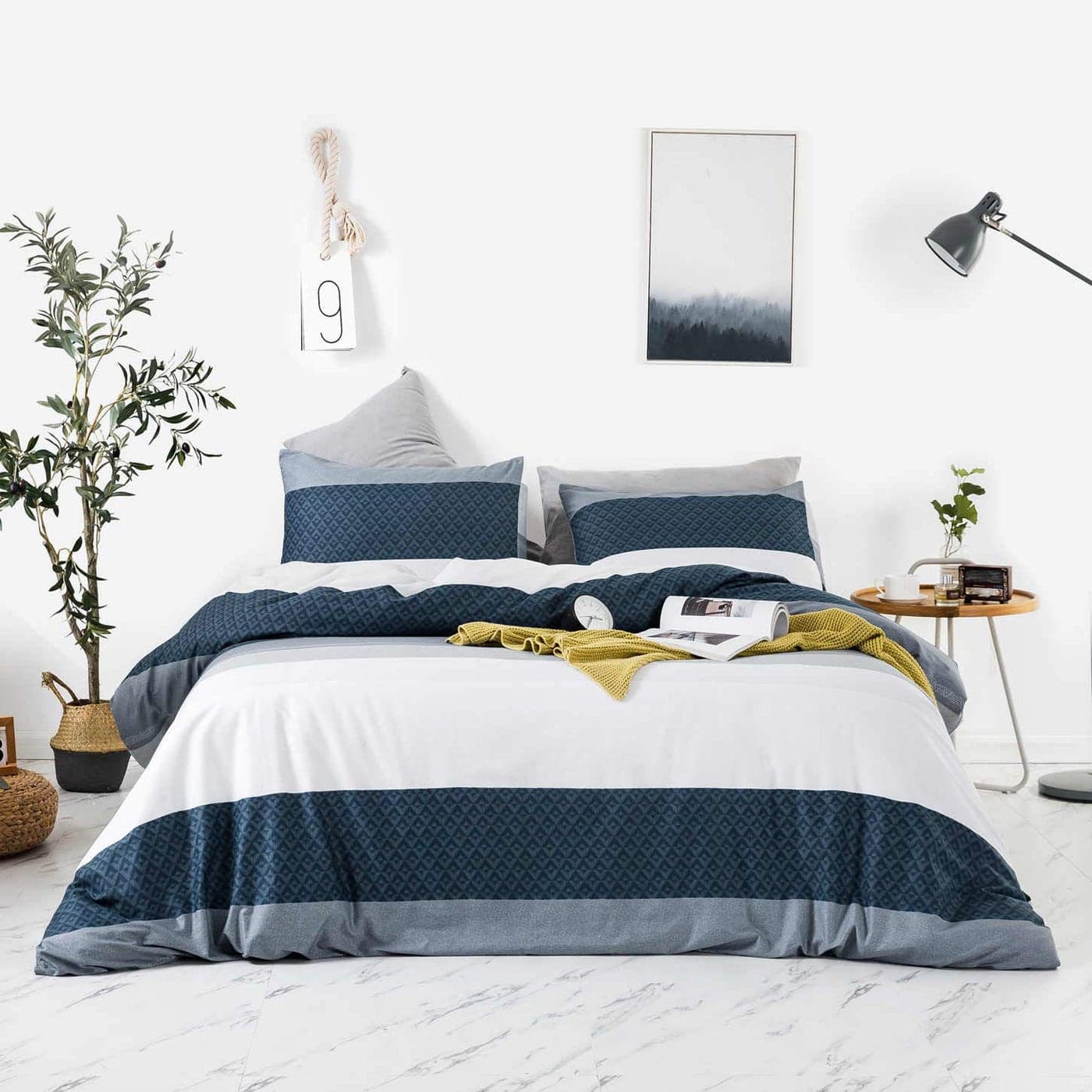 SUSYBAO Navy Blue Striped Duvet Cover King 100 Cotton 3 Pcs Set 1 Blue White Geometric Duvet Cover with Zipper Ties 2 Pillowcases Vintage Navy Stripe Bedding Set Soft