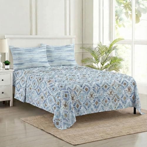Trance Home Linen 100% Cotton 180 TC Bedsheet | Queen Size Printed Flat Bedsheet with 2 Pillow Covers (Queen 86x104 inch, Silken Mosaic Blue)