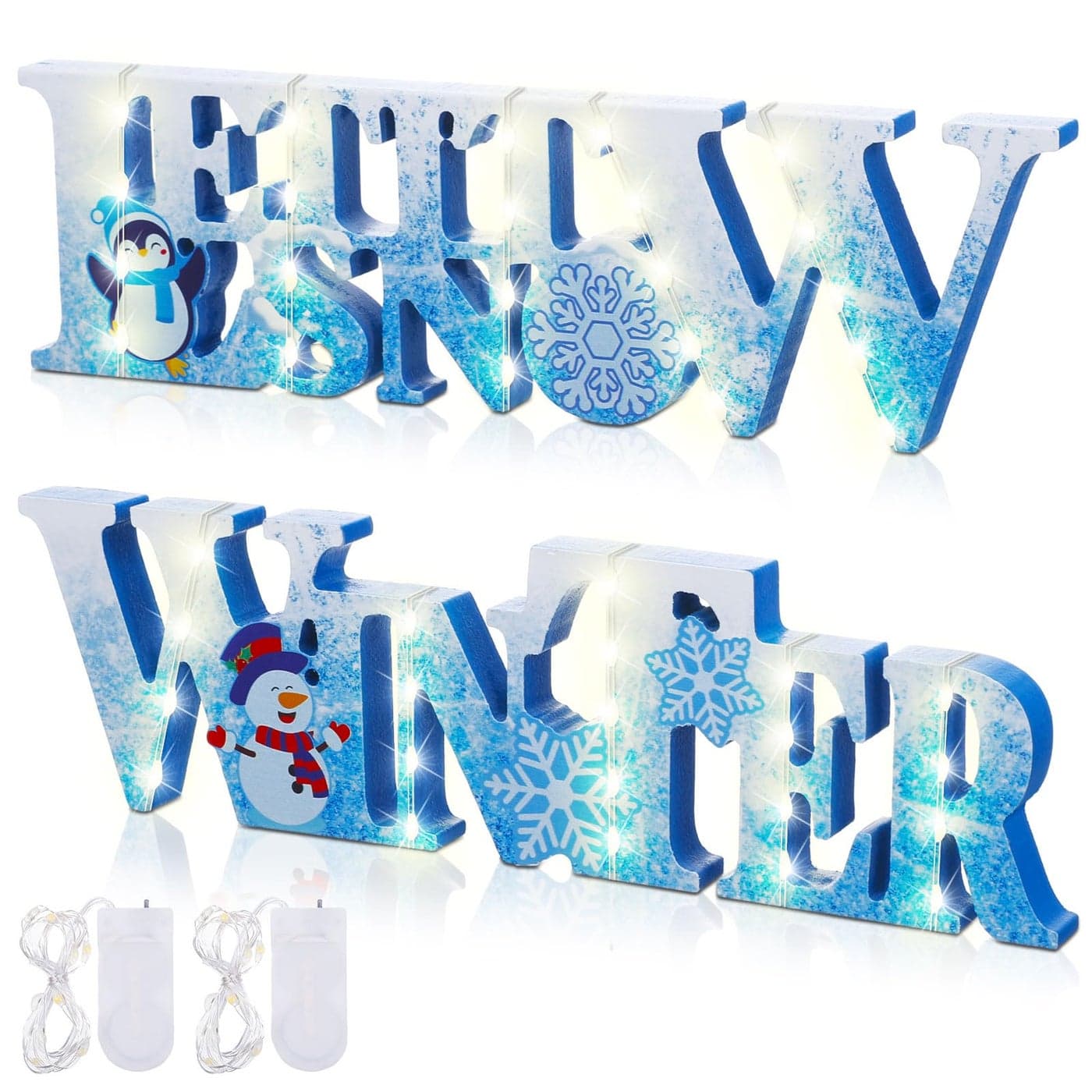 Jetec 2 Pieces Winter LED Snow Tabletop Centerpiece Table Snowflake Snowmen Wooden Sign Lighted Ornament for Snowflake Tiered Tray Decor Wonderland Christmas PartyBlue White