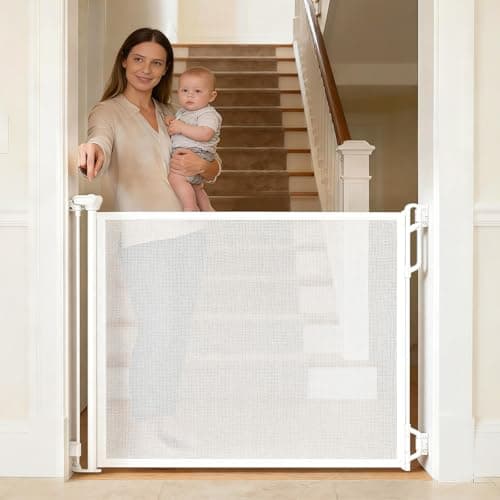 Spaceany Retractable Safety Baby Gate or Mesh Dog GateDurable Portable Mesh Retractable GateEasy to Use for Stairs Doorways Hallways Indoor Outdoor 335 Tall Extends to 55 WideWhite