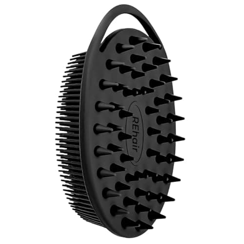 REhair Ultra Soft 2-in-1 Body & Shampoo Brush, Exfoliating Silicone Bath Scrubber, Premium Silicone Loofah, Scalp Massager (Black, with Handle)
