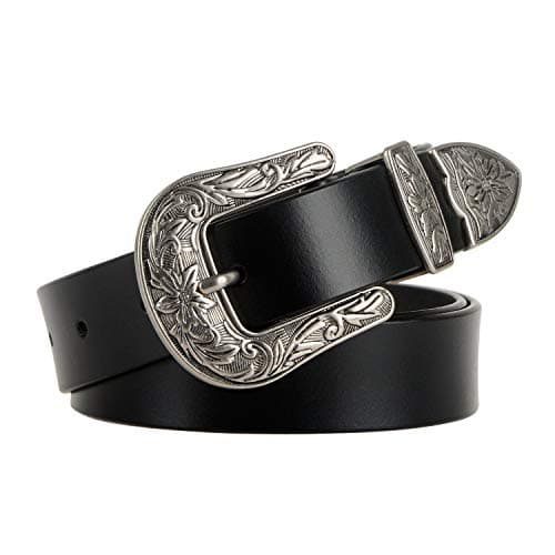 JASGOOD Women Leather Belts Ladies Vintage Western Belt Cowboy Cowgirl Country Belt Design Black Waist Belts for Pants Jeans Dresses