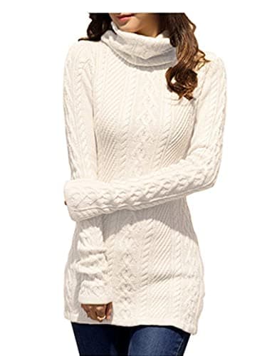 v28 Women Polo Neck Turtleneck Knit Stretchable Elasticity Long Slim Sweater (S,Cream White)