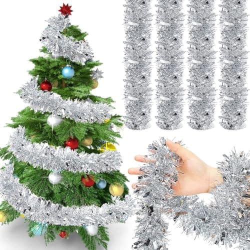KRIWIN 6 pcs Artificial Tinsel Garlands Length-5.5 ft for Christmas Decor, Home Office Party Decoration (Silver)