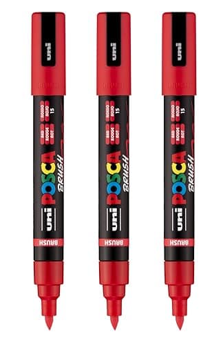 posca uni PC5BR WaterBased Paint Markers Reversible Brush Tip 1040mm Red 3 Count