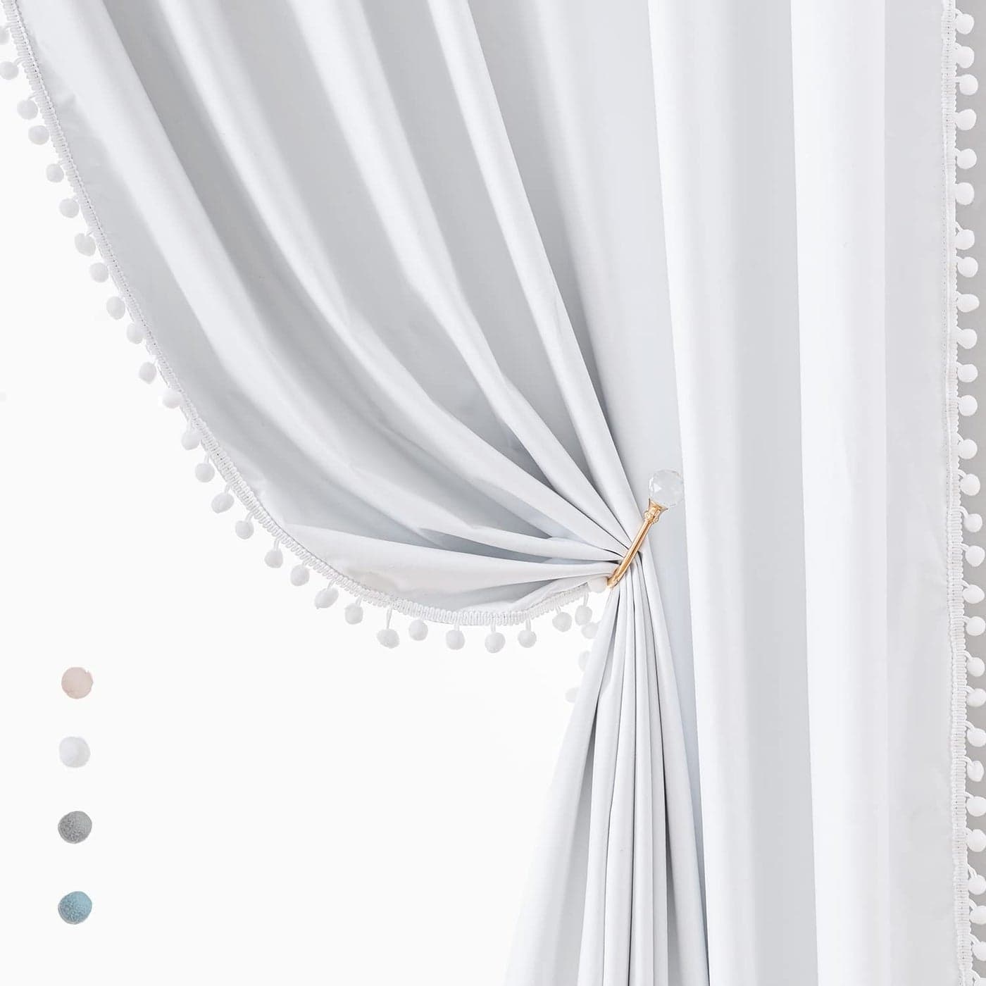 Treatmentex White Blackout Curtains for Living Room Bedroom 84inch Long Pom Pom Curtain Panels for Windows Thermal Insulated Curtains for Kids Nursery Room Rod Pocket 52 W x 2pcs