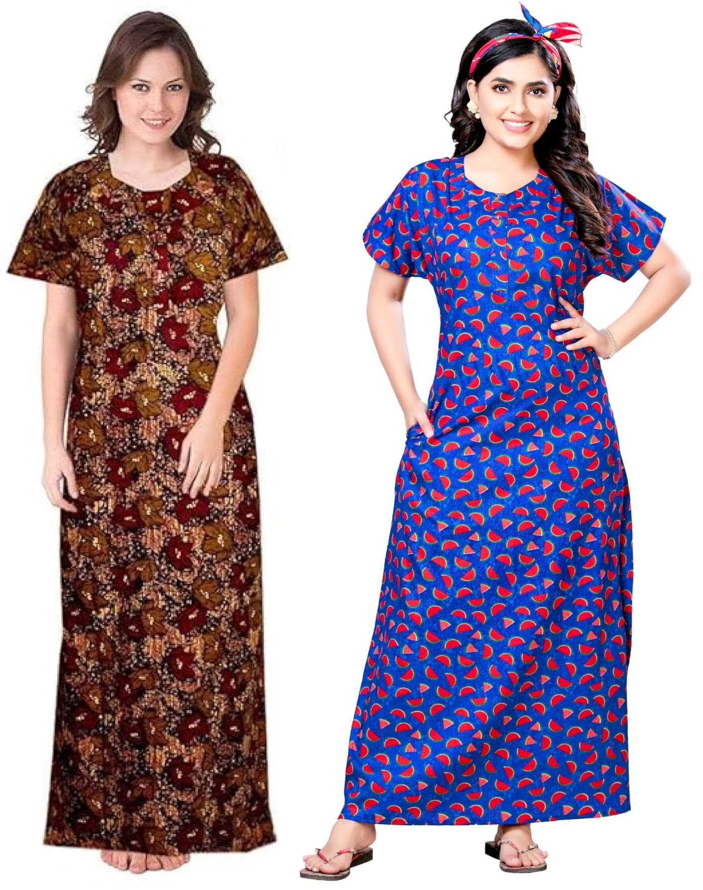 Keyocean Women's Cotton Printed Nighty Night Gown Maxi Free Size (Pack of 2) Blue & Brown