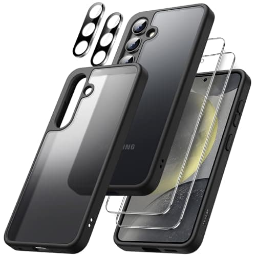 JETech 5 in 1 Matte Case for Samsung Galaxy S24 5G with 2Pack Screen Protector and Camera Lens Protector Translucent Back Protective Phone Cover Tempered Glass Film Black