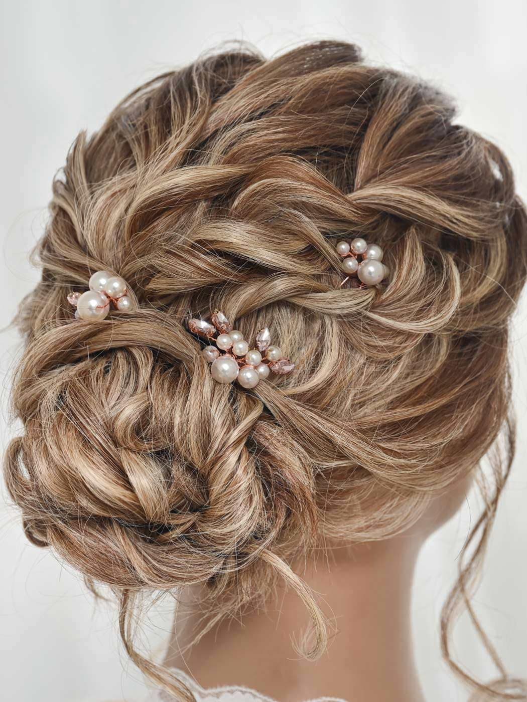 Heread Pearl Bride Wedding Hair Pins Crystal Bridal Headpiece Hair Accessories for Women and Girls Pack of 3 Rose Gold