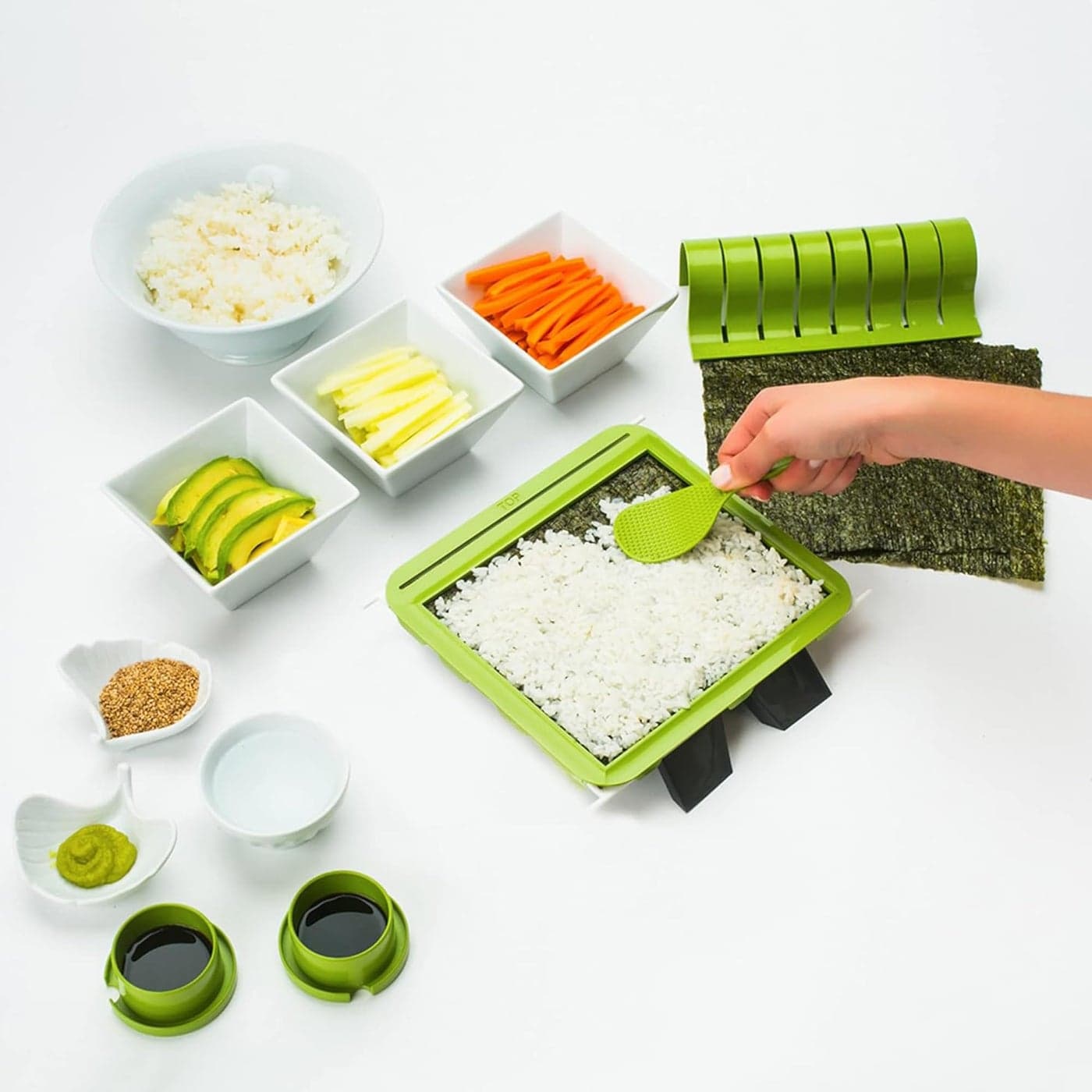 SushiQuik Sushi Making Kit with Rice Spreading Training Frame Rice Paddle Rolling Mat Roll Cutter Base and Soy Sauce Caps Sushi Kit for Beginners and Kids