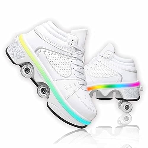 Roller Skates for Men and Women, Kids Deformation Roller Skate with 4 Shiny LED Wheel, 2 in 1 Invisible Removable Pulley Skates Skating, Double-Row Roller Skates for Indoor and Outdoor