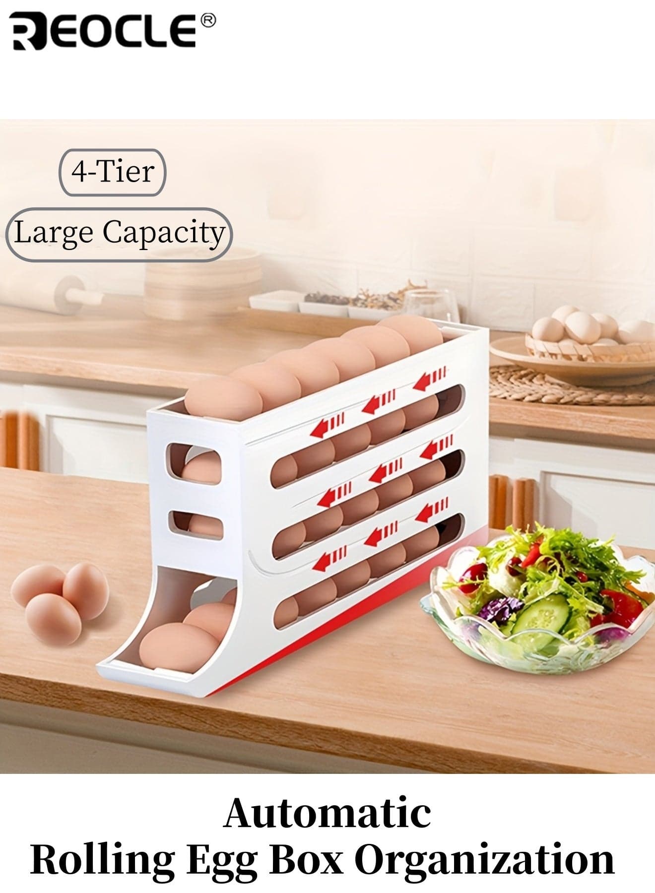 4 Tiers Large Capacity Automatic Rolling Egg Box Organization and Storage Space Saving No Assembly Needed Egg Storage Suitable for Refrigerators Cabinets Kitchen