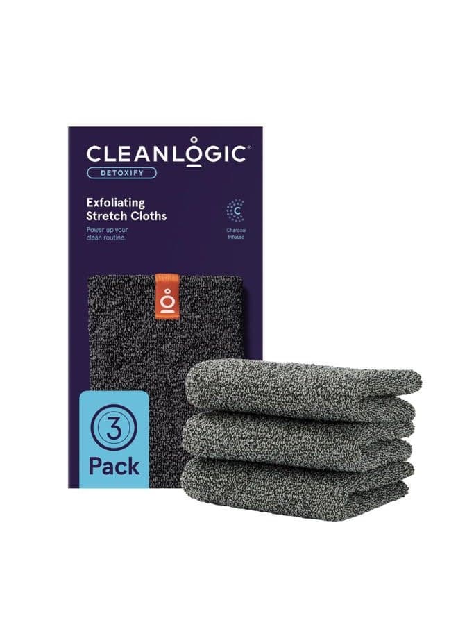 Body Exfoliating Cloth, Stretchy Detox Charcoal Infused Exfoliator Bath and Shower Washcloths, Reusable Daily Skincare Tool, 3 Count Value Pack