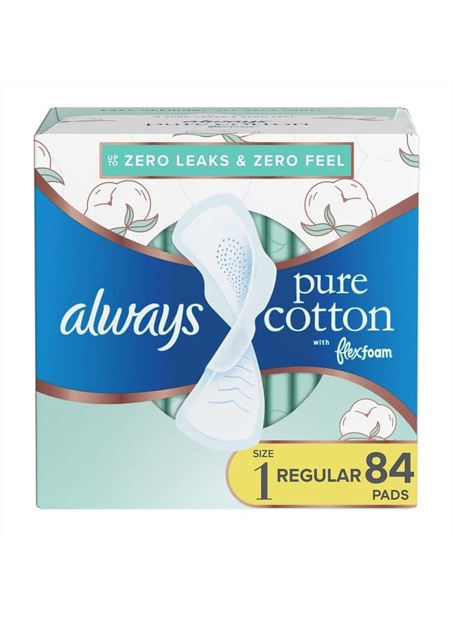 Pure Cotton, Feminine Pads For Women, Size 1 Regular Absorbency, Multipack, With Flexfoam, With Wings, Unscented, 28 Count x 3 Packs (84 Count total)
