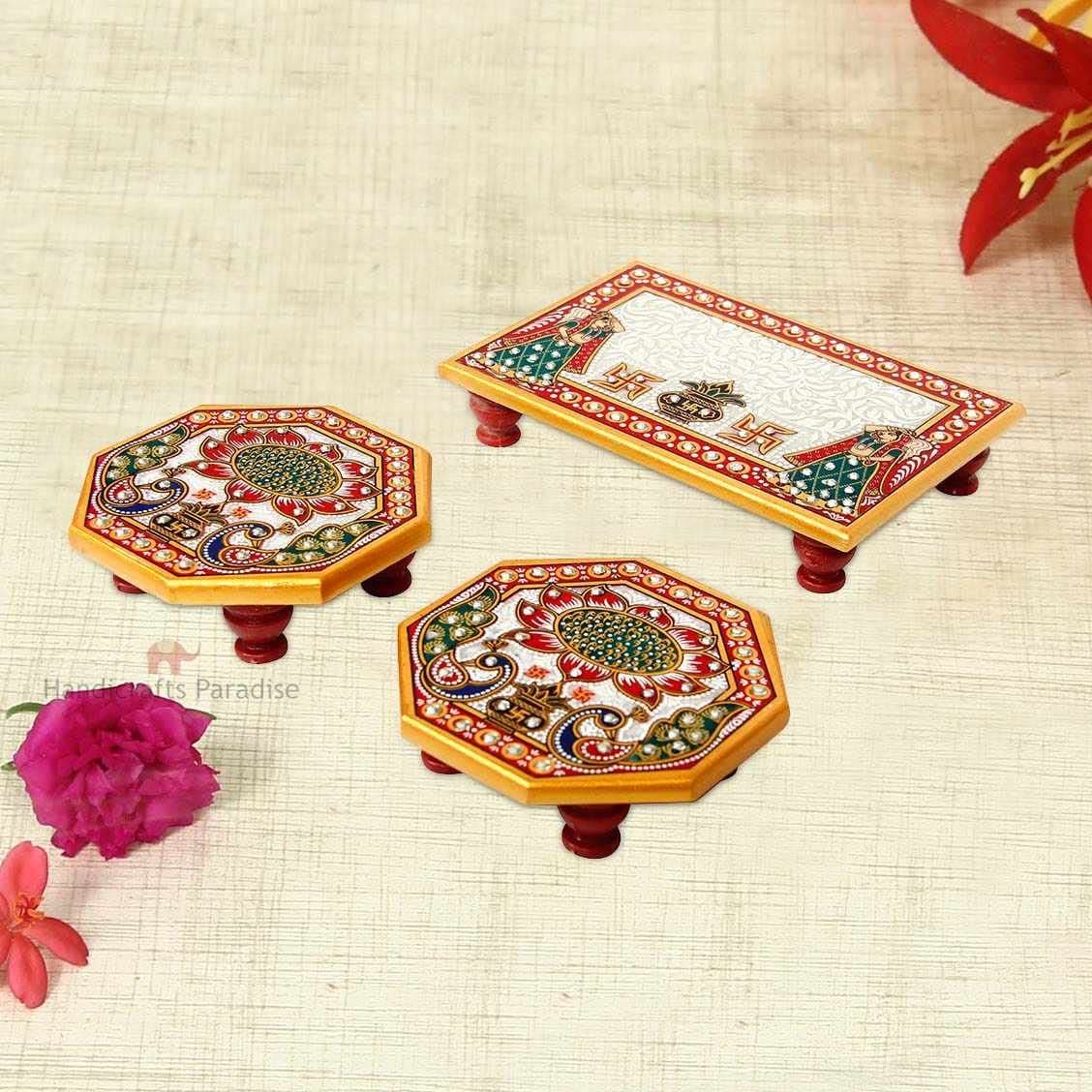 Handicrafts Paradise Marble Rectangle and Octagonal Puja Chowki with Intricate Painting 6x4 Inch and 4x4 Inch 3 Pcs