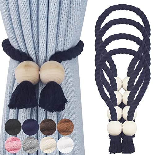 Nieffeiy 4 Pack Magnetic Curtain Tiebacks Cotton Hand Woven Tie Back Decorative Rope Holdbacks for Curtains Draperies No Tools Required, Navy