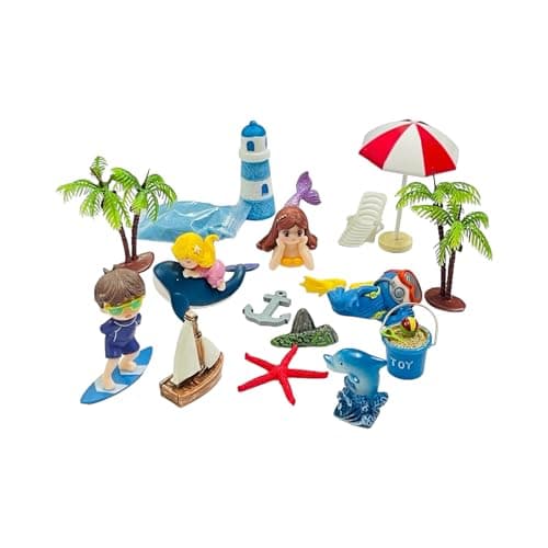 Moira Pack of 15 pcs Beach Theme Miniature Items with Sand for Dollhouse Decor, Model Making, Craft Activity, Cake Topper, Plant Decoration, Fairy Gardens, Terrarium, Aquariums