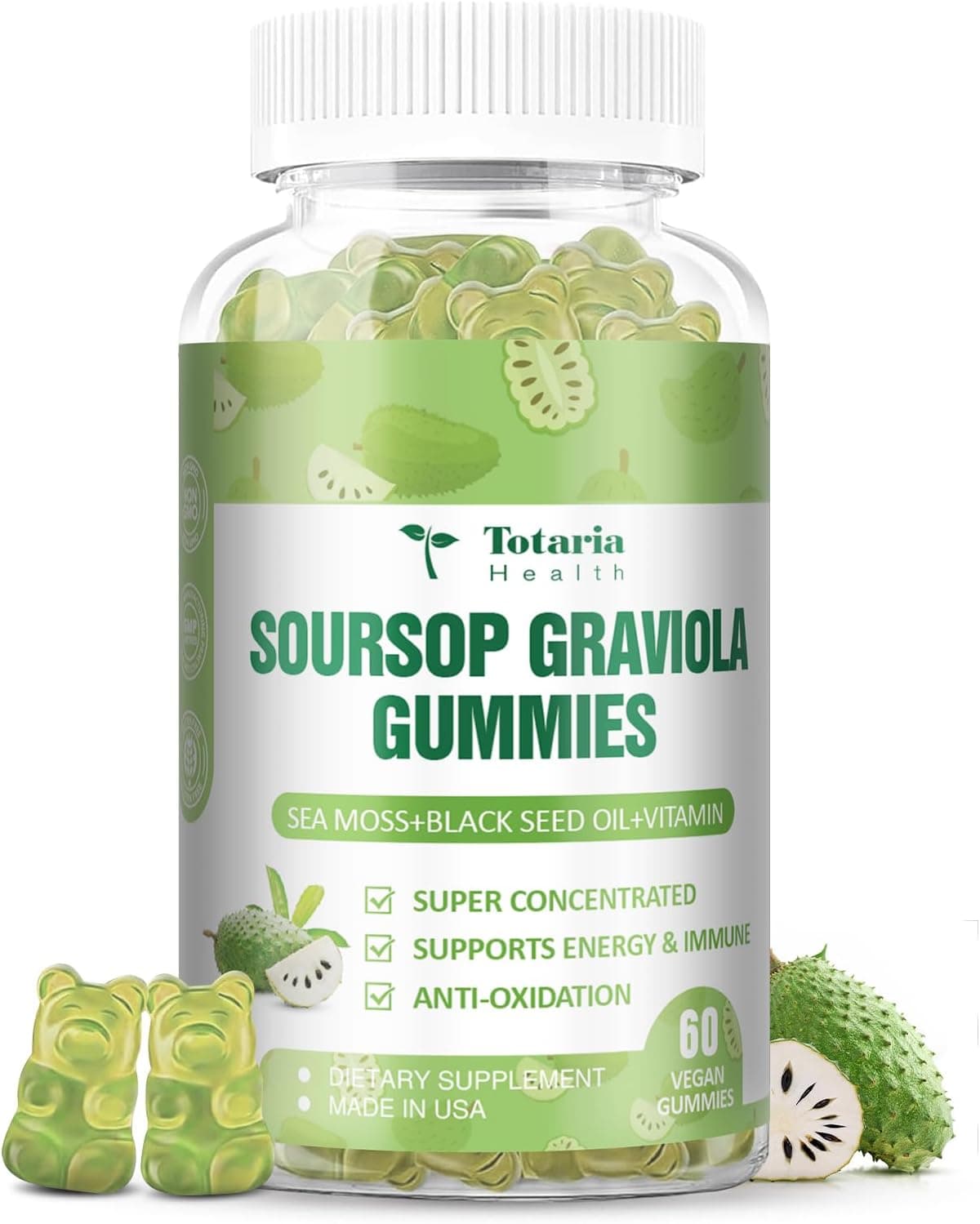 Sugar Free Soursop Oil Graviola Sea Moss Gummies Support Digestive Sleep Skin Health Immunity Antioxidant Guanabana Fruit with Sea Moss 150mg Black Seed Oil Organic NonGMO Vegan