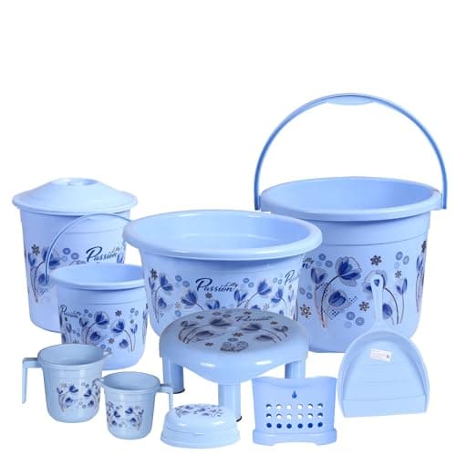 VeleSolv Virgin Plastic Heavy Duty, Large Capacity 20 L Bucket, 7 L Bucket, Patla, 22 L Deep Tub, Dustbin, 1.5 L Mug, 1 L Mug, Soap Case, Dustpan, Tooth Brush Stand Bathroom Set (Blue) - 10 Pieces