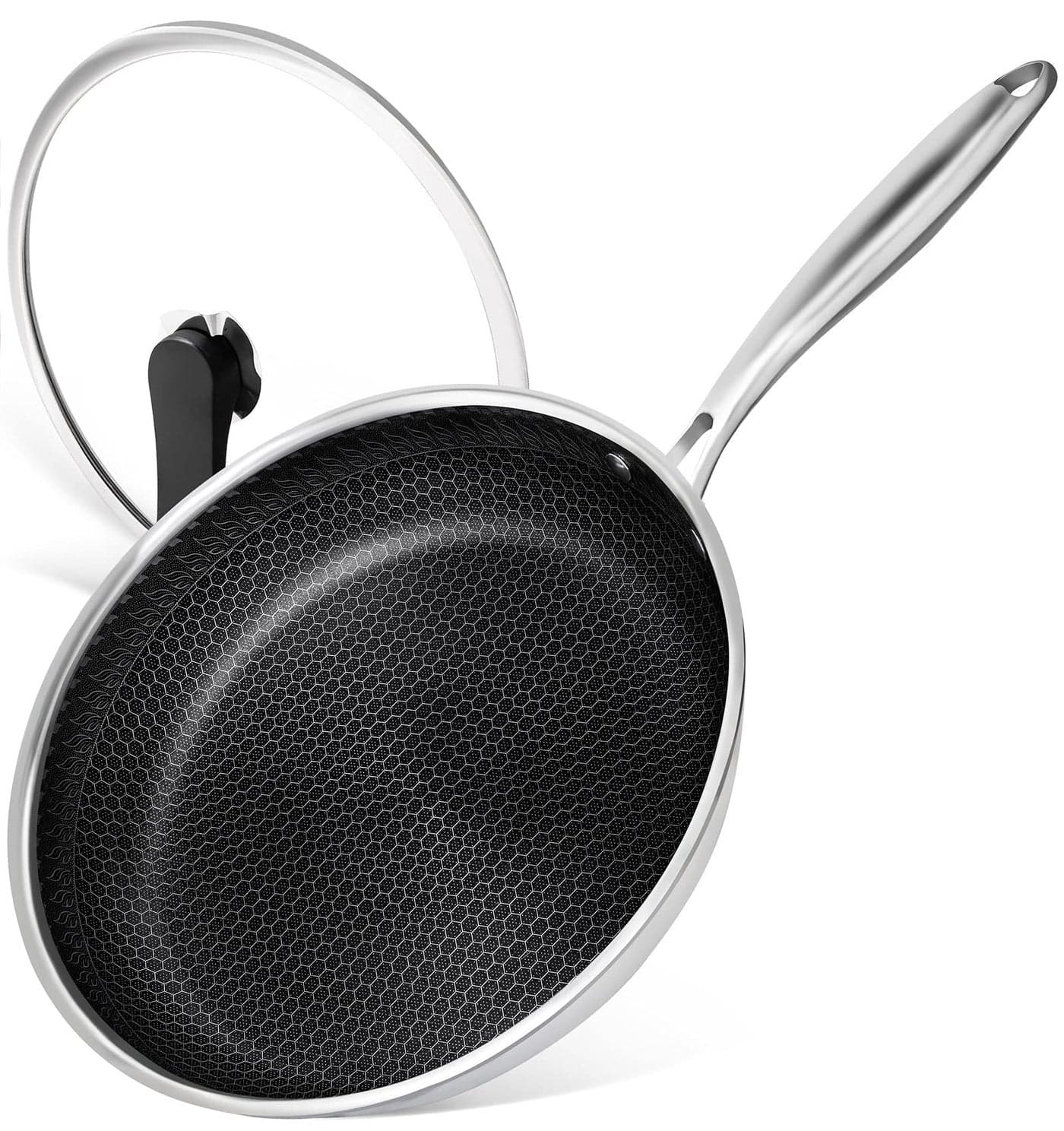 MICHELANGELO 12 Inch Stainless Steel Frying Pan with Lid Nonstick with Honeycomb Coating Triply Skillet Induction Compatible