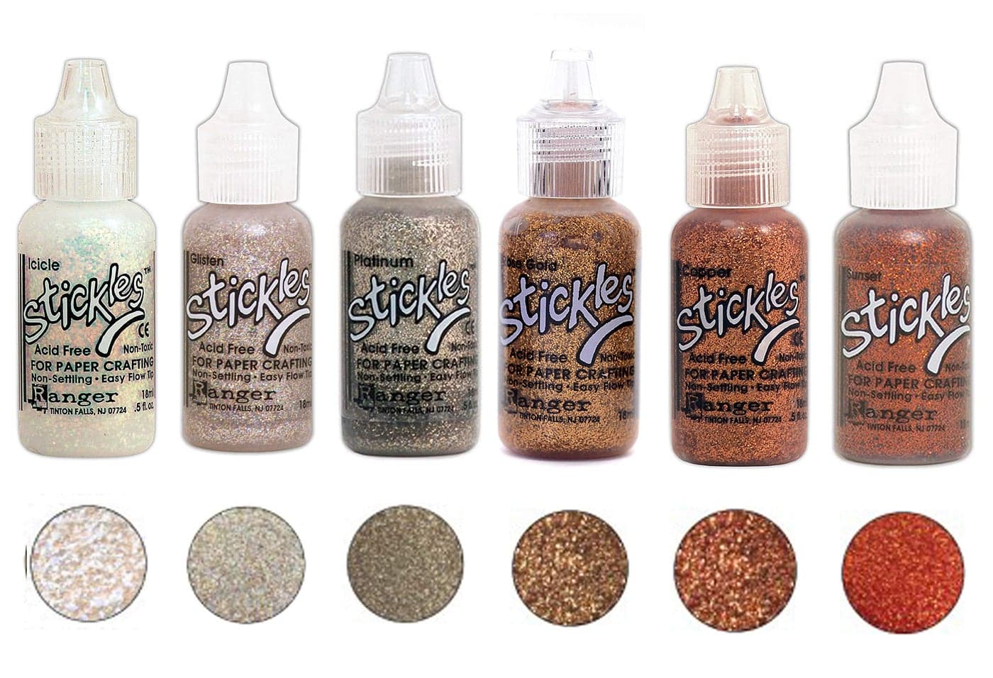 Ranger Stickles Glitter Glue Bundle A Flicker Six 5 fl oz Bottles Icicle Glisten Platinum Rose Gold Copper and Sunset