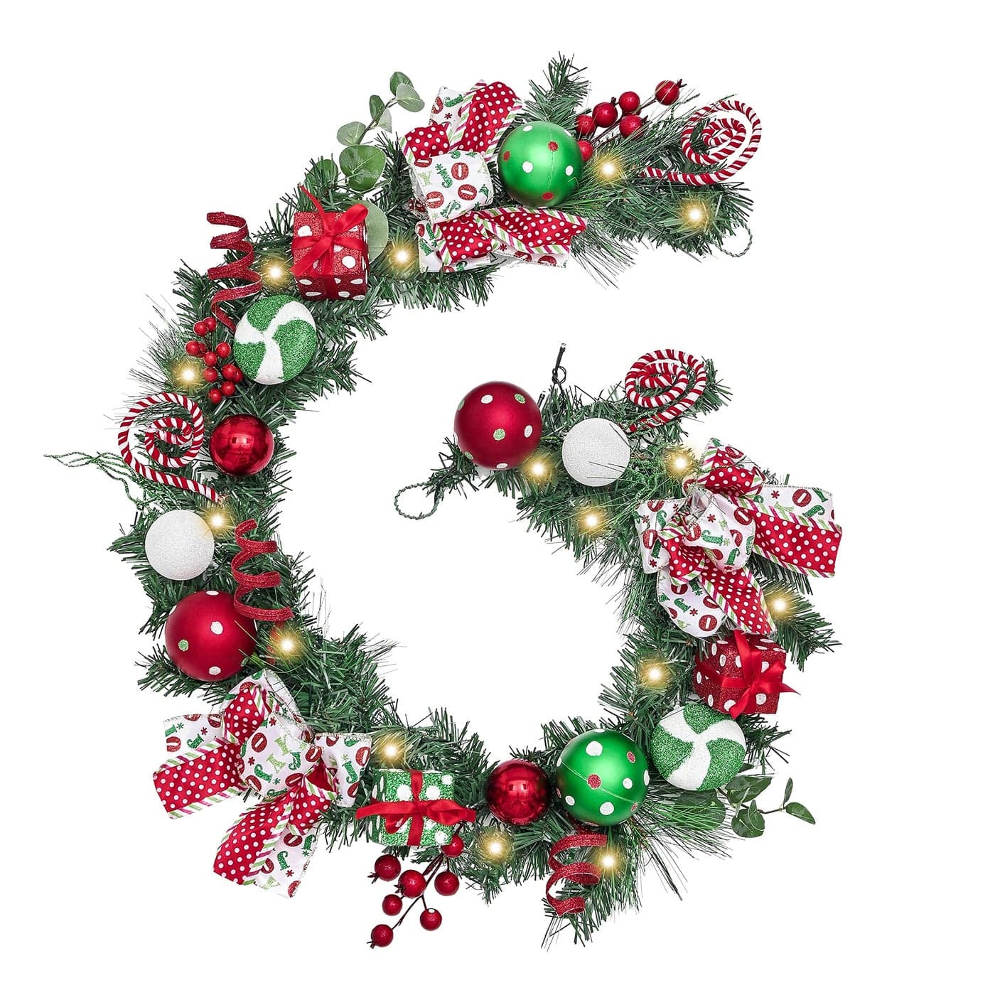 Valery Madelyn 6 feet PreLit Christmas Garland with Lights for Mantle Lighted Battery Operated Xmas Garland with Red Green White Balls for Front Door Fireplace Table Centerpiece Outdoor Home Decor