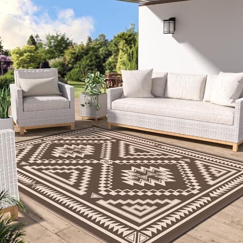 GENIMO Outdoor Rug for Patio Clearance 5x8 ft Waterproof Plastic Camping Rugs Reversible Outside Rv Mat Carpet for Porch Deck Picnic Balcony Beach Backyard Coffee Beige
