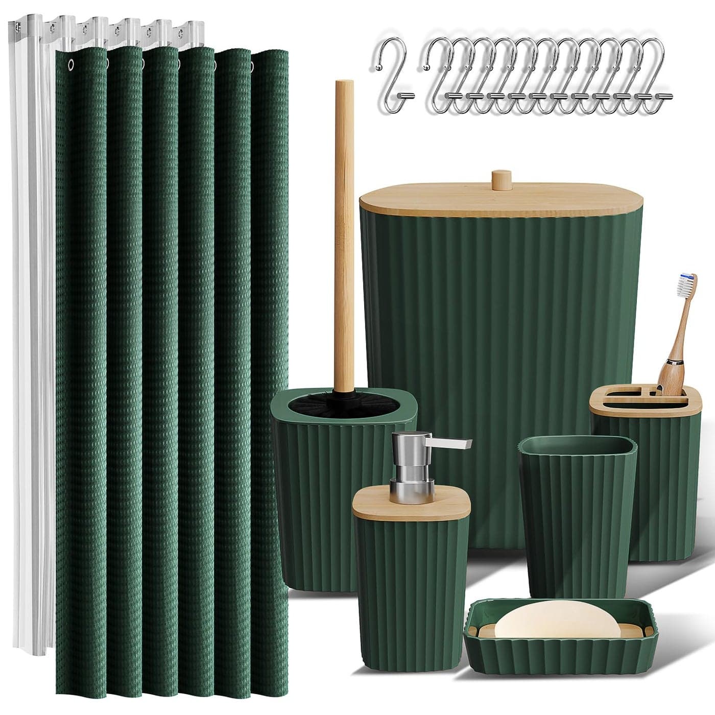 Clara Clark Bathroom Accessories Set Bathroom Set Bathroom Accessory Set Shower Curtain Set Toilet Brush Trash Can Soap Dispenser Green 20PC