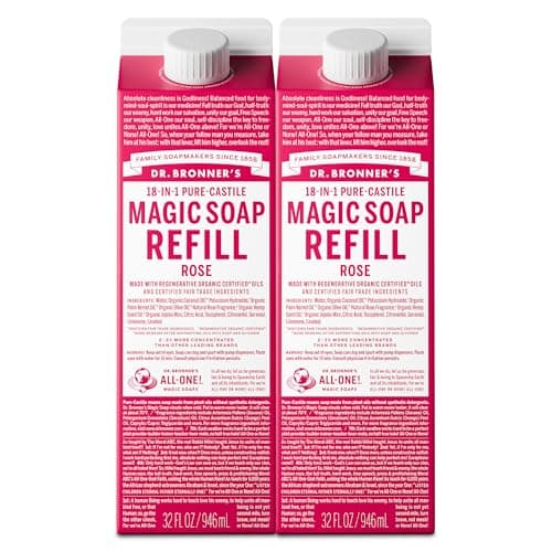 Dr. Bronner's Magic Soap-Pure-Castile Liquid Soap Refill (Rose 32 ounce, 2-Pack)-Regenerative Organic Certified Oils, For Body, Hair, Laundry, Pets & Dishes, Concentrated, Vegan, Non-GMO
