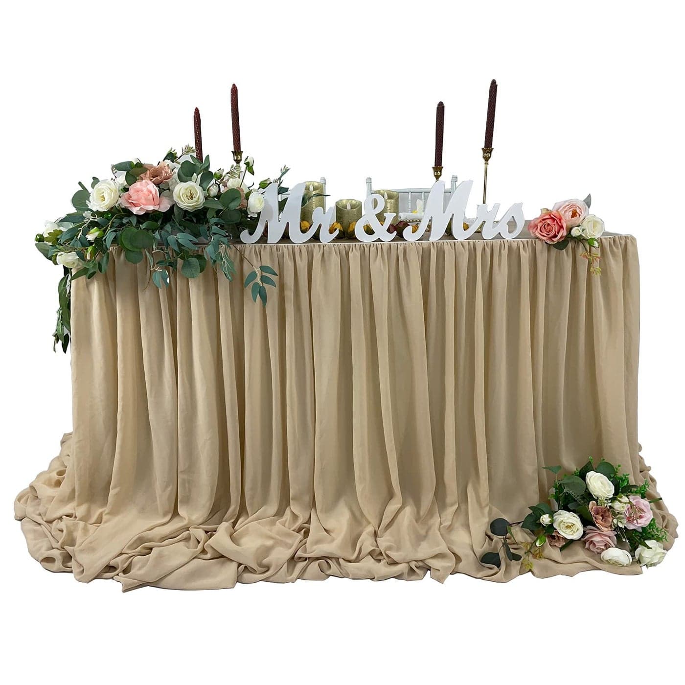 Pooling and Floating Chiffon Table Skirt with extra length 6FT 9FT 14FT Sheer Tablecloth Baby Shower Birthdays Party Main Cake Table Decoration Wdding Table Skirt NudeSand 14FT