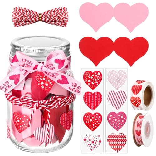 Love Notes Jar with 50 Red Pink Heart Notes Cards Heart Stickers and Ribbon Valentines Love Message Memory Jars Wedding Anniversary Birthday Gift for Boyfriend Girlfriend Husband Wife Couple